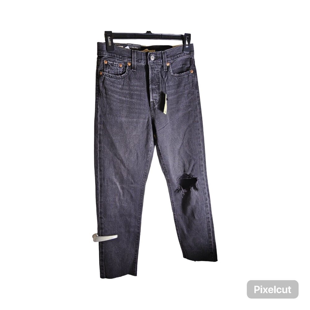 LEVI'S WEDGIE HIGH RISE STRAIGHT BUTTON FLY JEANS RAW HEM  BLACK 26X28